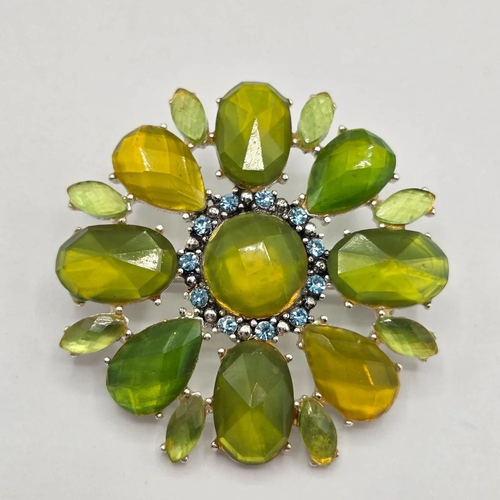 Liz Claiborne Vintage‎ Estate Art Deco Style Brooch Green Amber Gemstones Glam